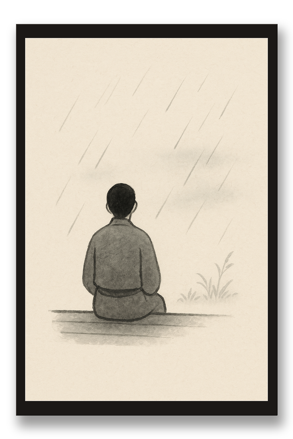 Engawa — rain — framed 30×45 cm, black wood frame with acrylic glass