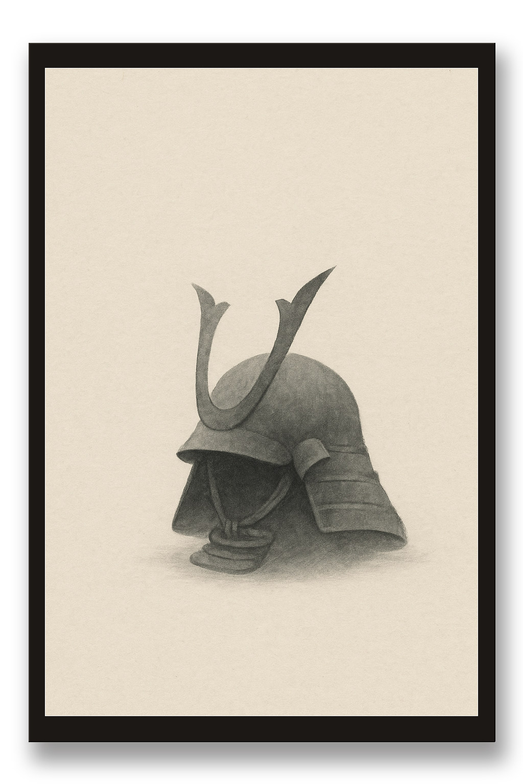 Kabuto — helmet — framed 30×45 cm, black wood frame with acrylic glass