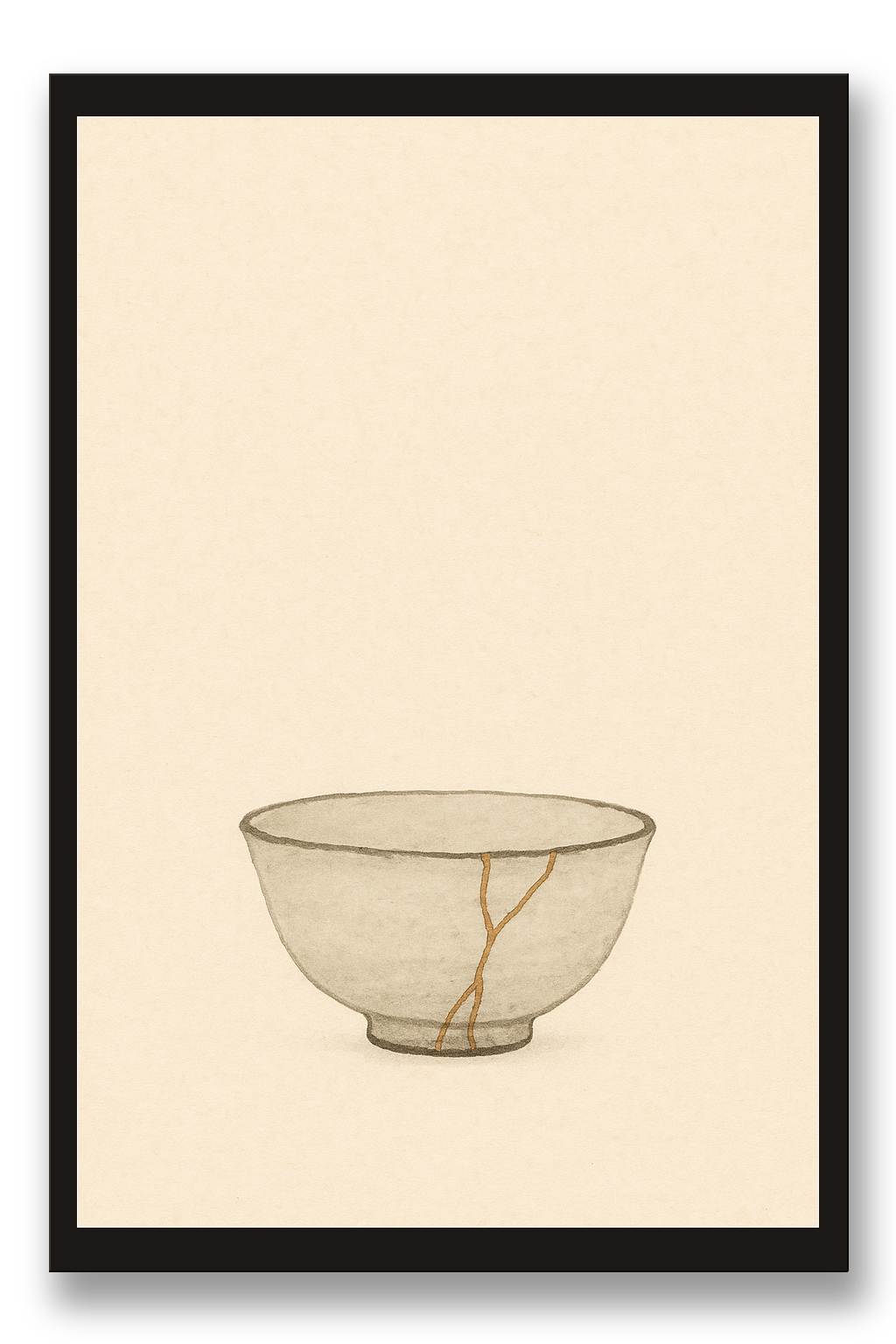 Kintsugi — Mended Bowl — framed 30×45 cm, black wood frame with acrylic glass