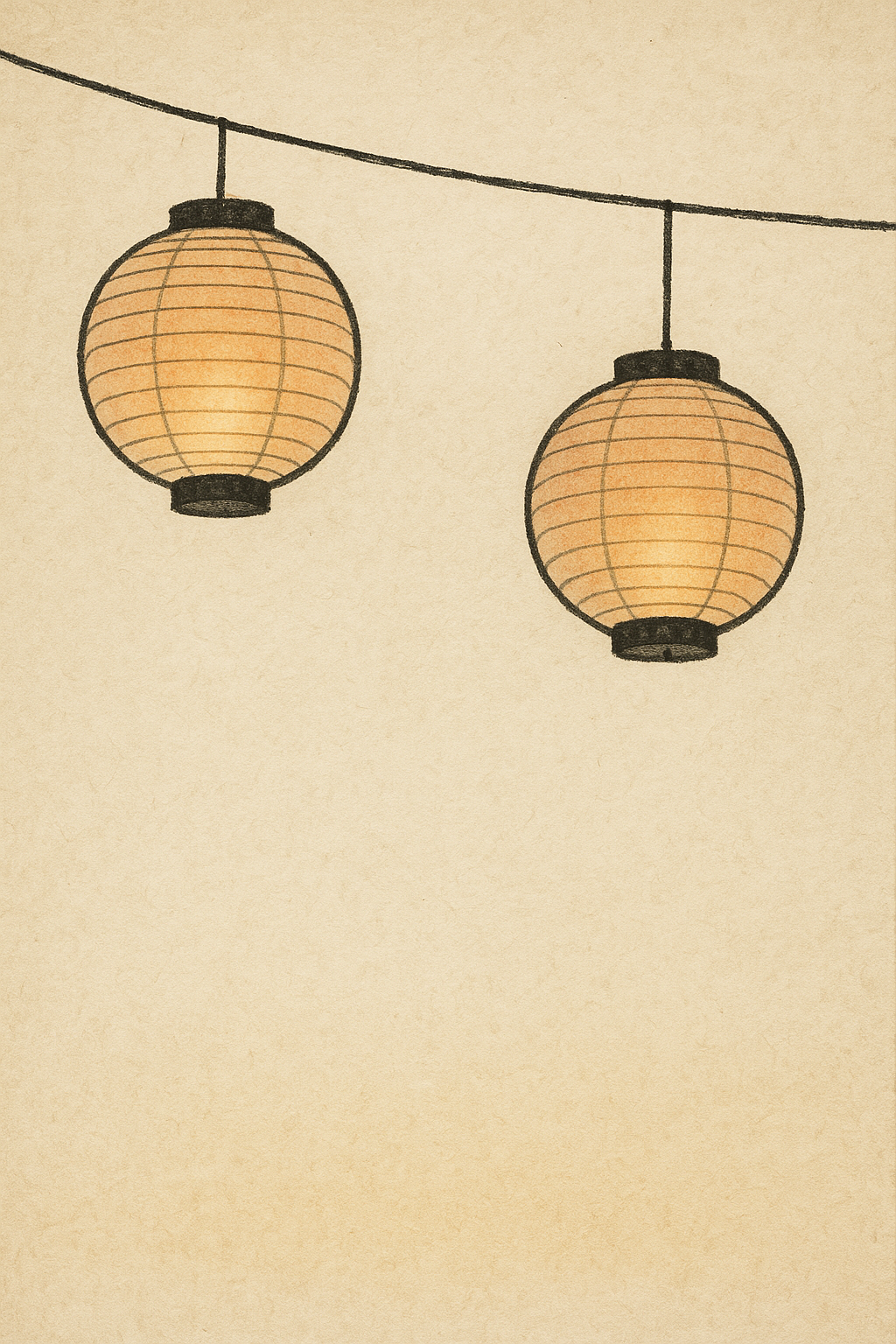 Two Japanese paper lanterns glowing amber, hung from a cord on warm off-white paper