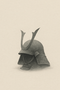 Kabuto — an empty helmet at rest in soft sumi-ink grey on warm off-white paper