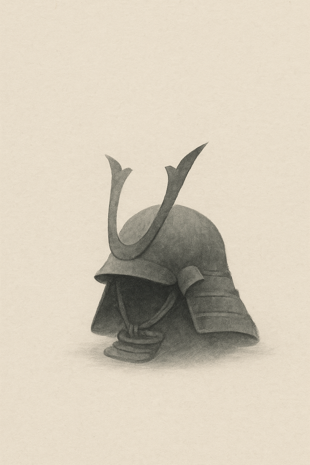 Kabuto — an empty helmet at rest in soft sumi-ink grey on warm off-white paper