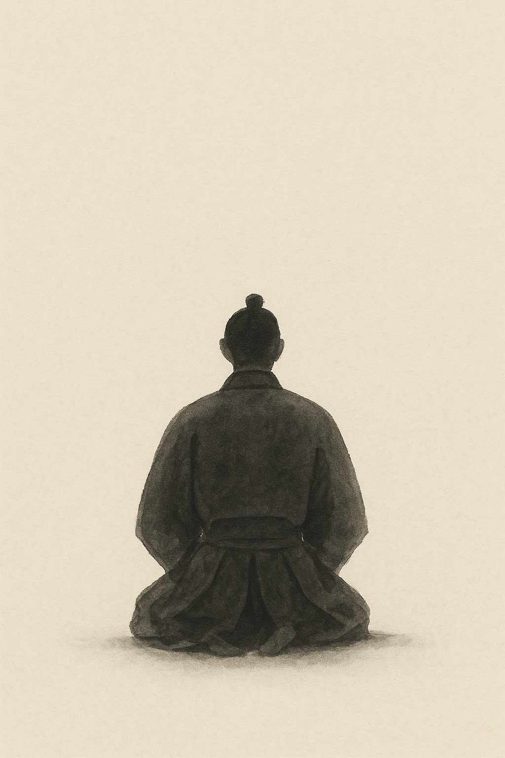 Samurai — a kneeling figure seen from behind in soft sumi-ink grey on warm off-white paper