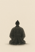 Samurai — a kneeling figure seen from behind in soft sumi-ink grey on warm off-white paper
