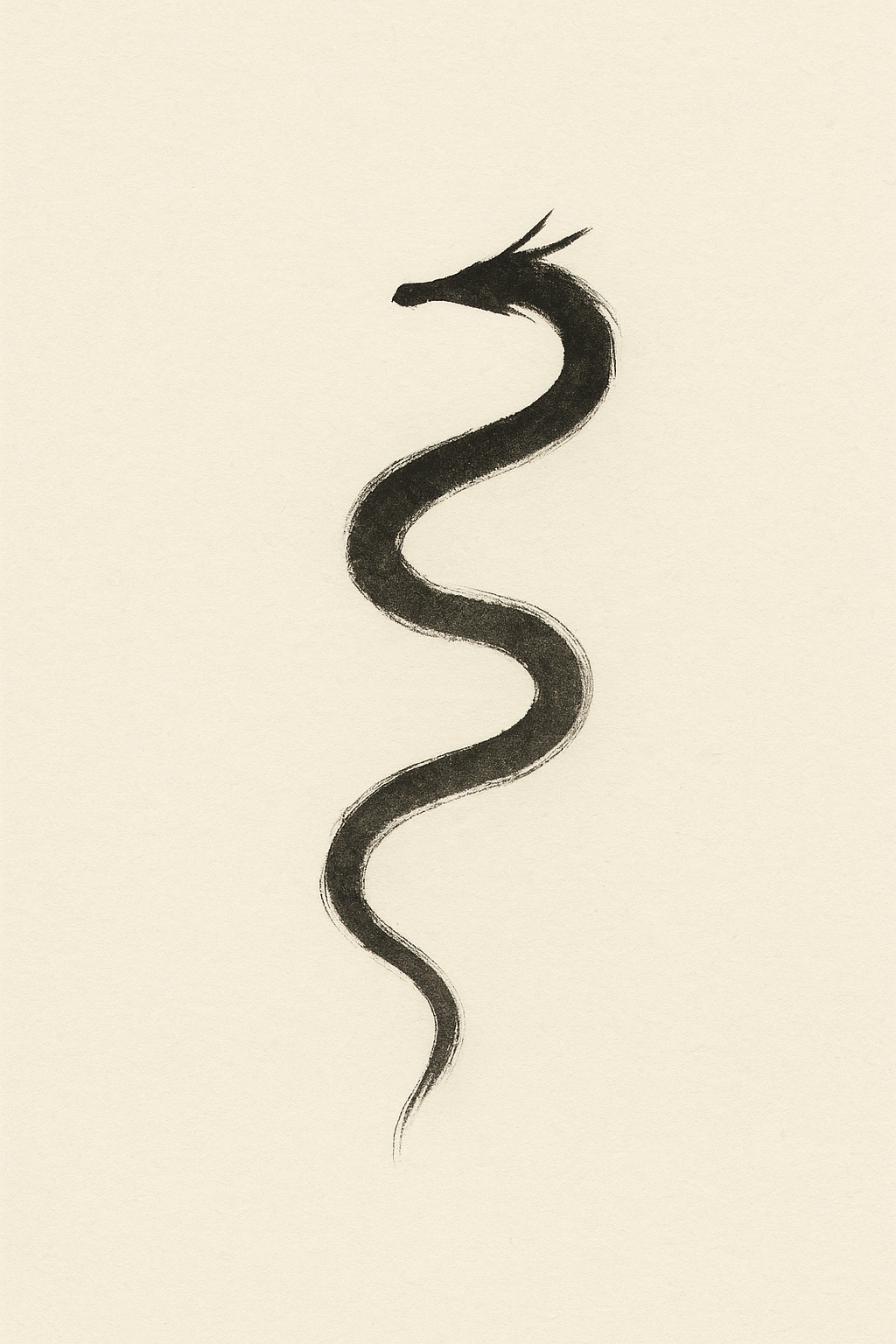 Ryū — a dragon suggested by a single continuous ink brush stroke, sumi ink on warm off-white