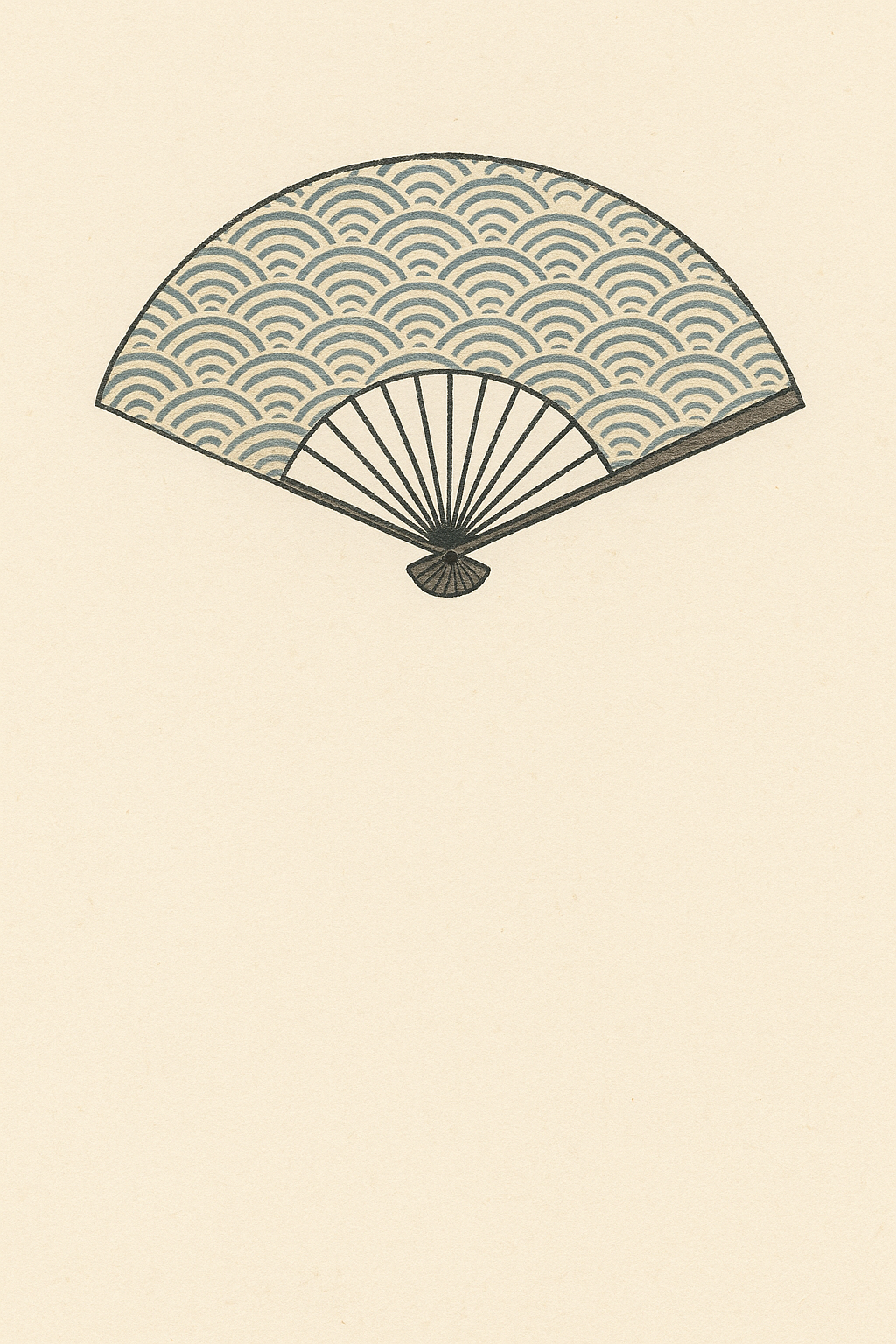 An open Japanese folding fan with a seigaiha-patterned leaf on warm off-white paper