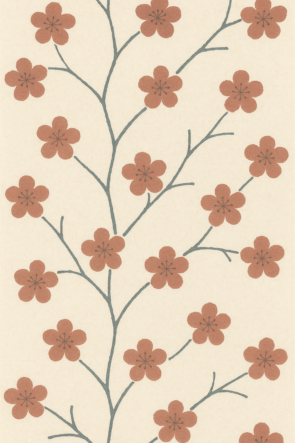 Plum blossom repeating pattern in dusty terracotta on an indigo branch, warm paper