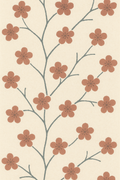 Plum blossom repeating pattern in dusty terracotta on an indigo branch, warm paper