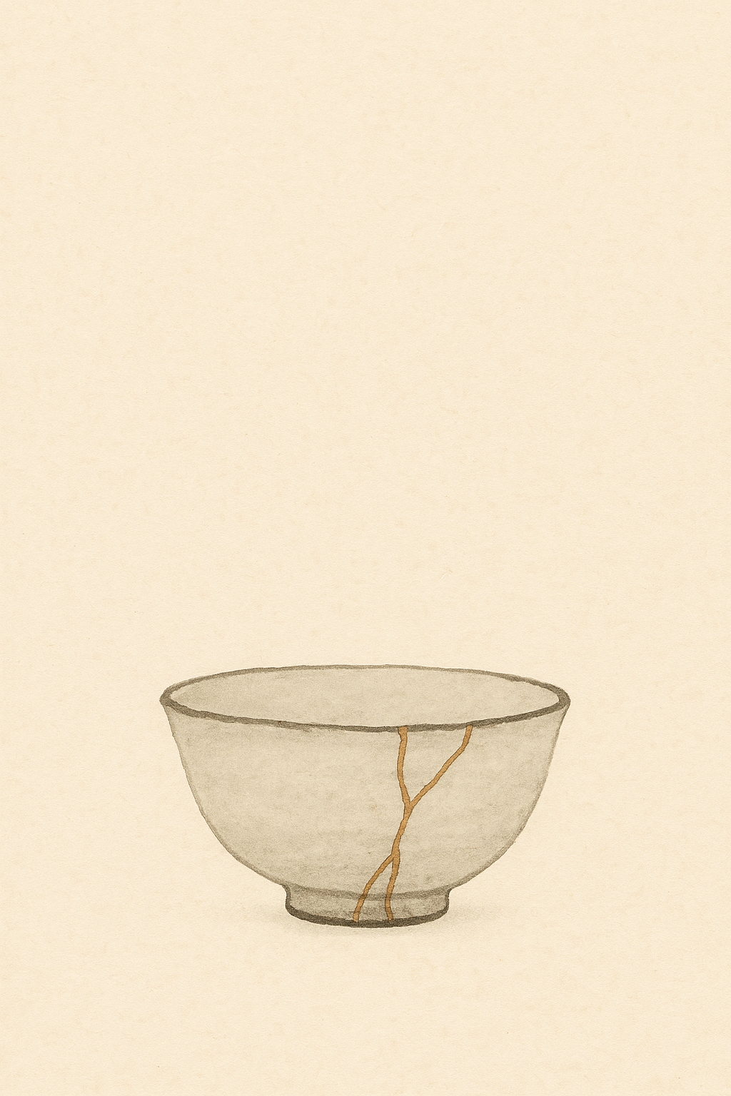 A grey-cream ceramic bowl with gold kintsugi repair seams on warm off-white paper