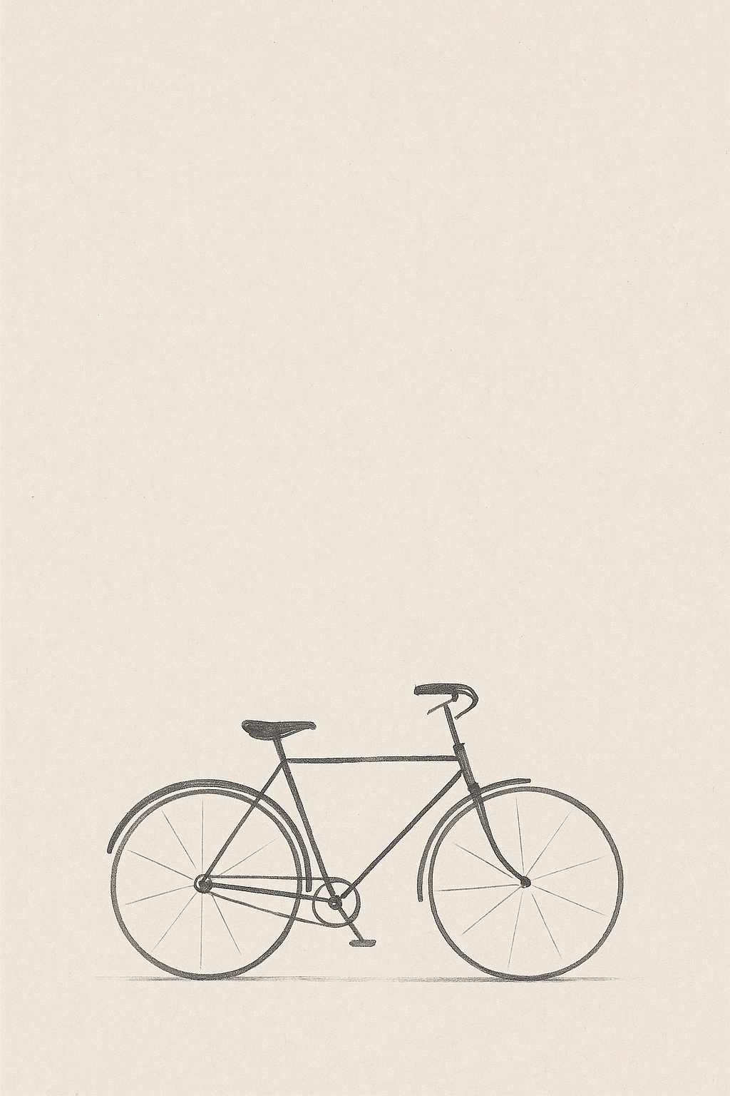 A minimal sumi-ink bicycle low in the frame on warm off-white paper