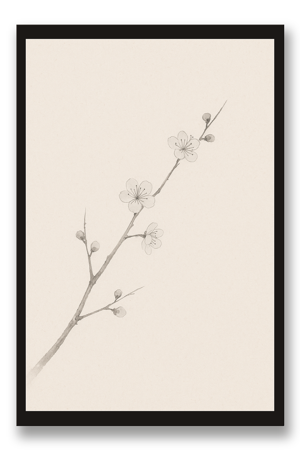 Ume — plum branch — framed 30×45 cm, black wood frame with acrylic glass